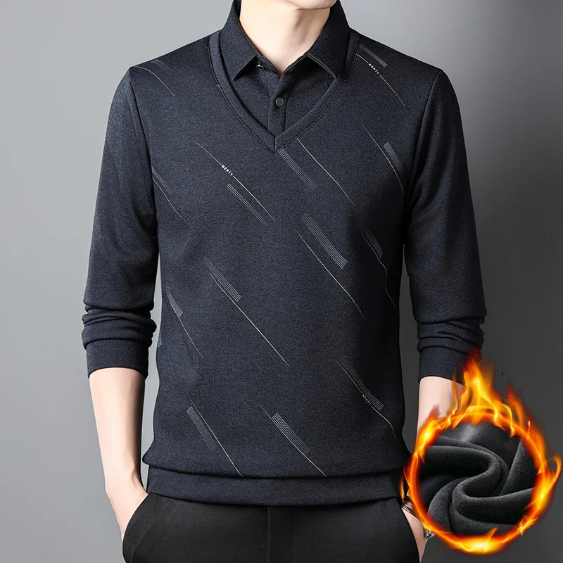 

Velvet Padded Bottoming Shirt Men's Autumn Winter Lapel Thickening T-shirt Middle-Aged People's Warm Casual Top T-shirt Fashion