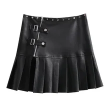 Pleated Women Skirt PU Fit Holiday Skirts Club Mini Skirt Hip High Waist Sweet Skirt Cute Korean Style Office Female Clothing