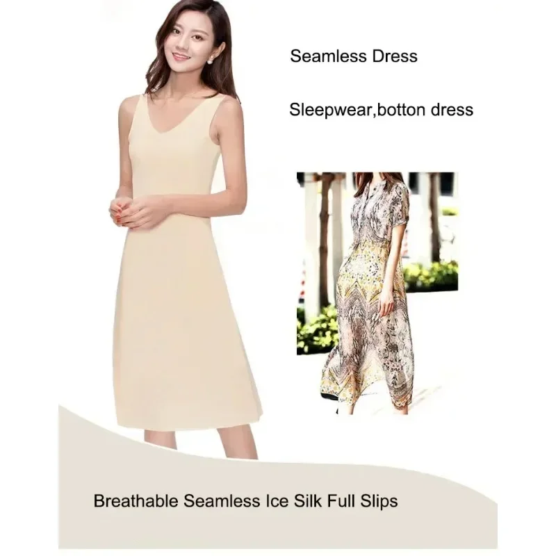 Seamless Full Slips For Women Petticoat Underskirt Plus Size Sexy V Neck Sleeveless Ice Silk Ultra Thin Full Slips Dresses women full slip dress petticoat skirt