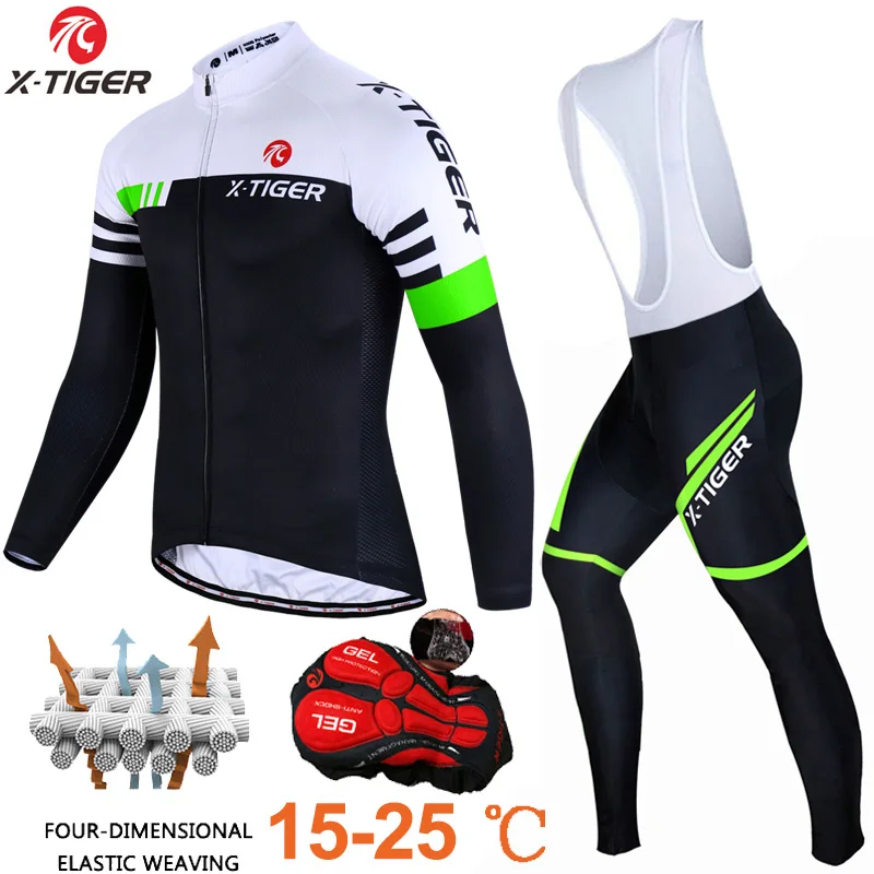 Conjunto de maillot de ciclismo X-Tiger con tirantes acolchados de gel 5D y secado rápido para hombre, ropa de ciclismo de manga larga con protección solar