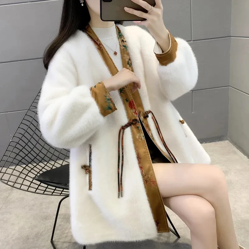 

Chinese Style Vintage Elegant Women Imitation Sable Skin Cardigan Coat Chic Autumn Winter V Neck Thick Loose Jacket Fashion 2023