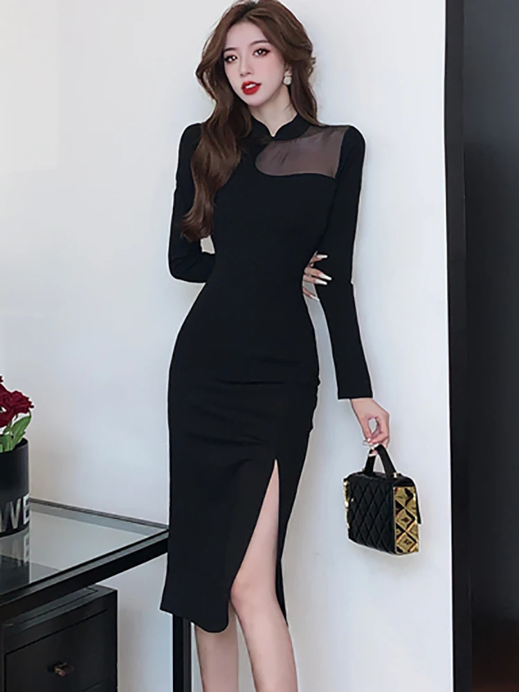 

Black Patchwork Mesh Hollow Out Sexy Midi Dress for Women 2024 Korean Vintage Hepburn Dress Autumn Winter Elegant Formal Dresses