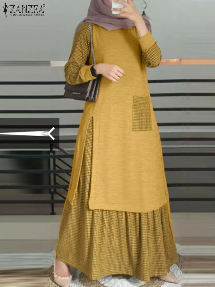 Fashion Patchwork Long Dresses Women Vintage Muslim Checked Dress ZANZEA Overszie Robe Femme Turkey Abaya Long Sleeve Vestidos - Image 3
