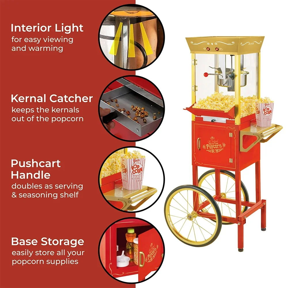 Commercial Popcorn Making Machine With Cart Wheels & 8 Ounce Kettle For Hotel Home Movie Theater For Sale Snacks Popcorn Maker 6