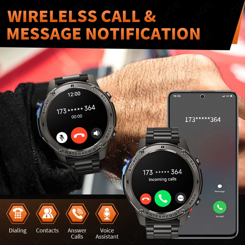 LIGE New Dual-Band Satellite GPS Sports Smart Watch Men 1.43'' HD Screen Heart Rate Compass 5ATM Waterproof Swimming Smartwatch