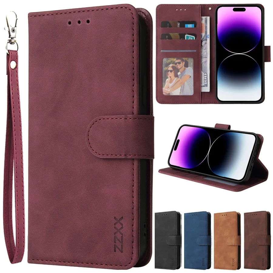 Magnetic Flip Leather Wallet Case with Card Slot, Lanyard, and Photo Frame