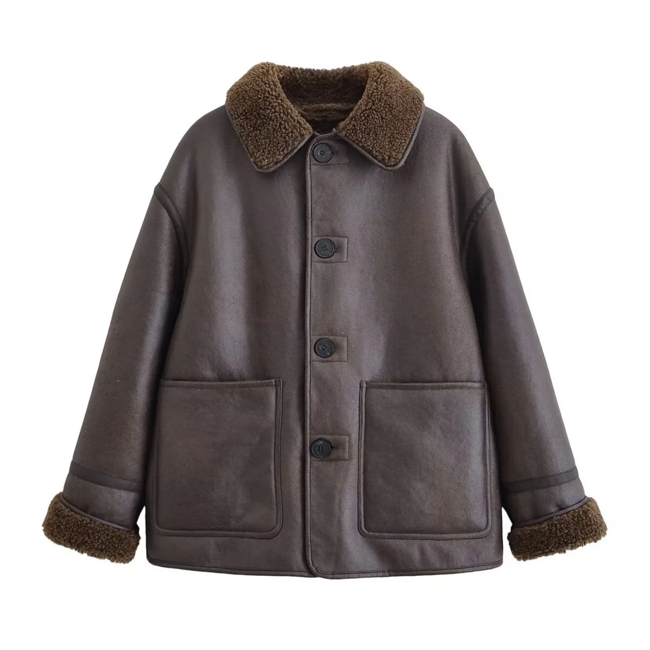 Women Autumn Winter Leatherette Jacket Female Double-Sided Coat Lady Single Breasted With Pockets Long Sleeved Jacket Streetwear