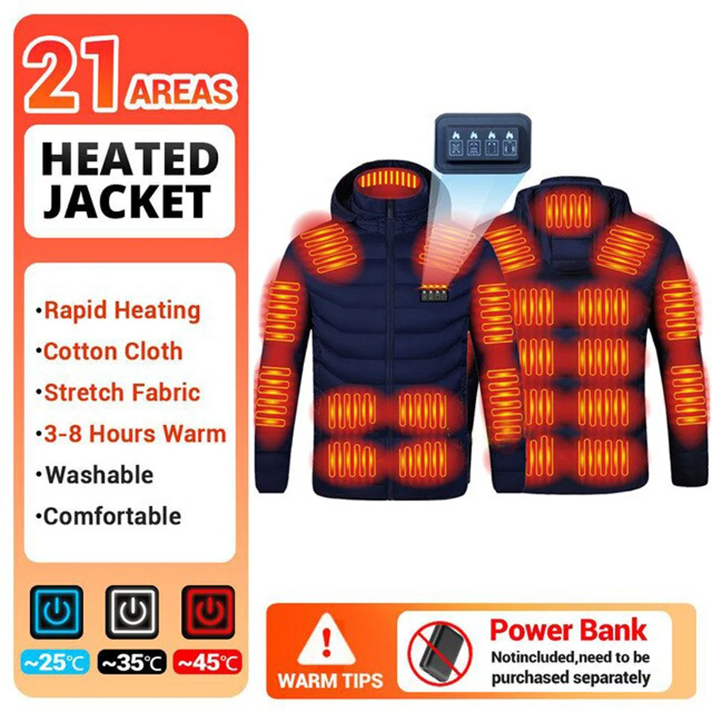 Motorcycle Heated Jacket USB Men's Hooded Heated Cotton-Padded Warm Jacket Mountain Hiking Camping Winter Ladies