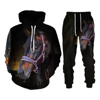 Automne Vintage Animal cheval 3D sweat à capuche imprimé costume hommes sweats pantalons de survêtement mode deux pièces survêtement ensemble homme vêtements 4