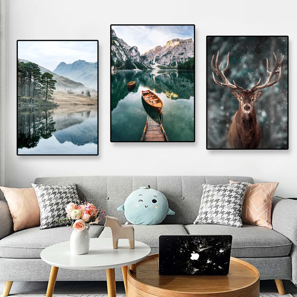 

Nordic Landscape Poster Snowing Forest Deer Canvas Prints Animal Lake Boat Christmas Leaves Snow Mountain Prints Nature Decor