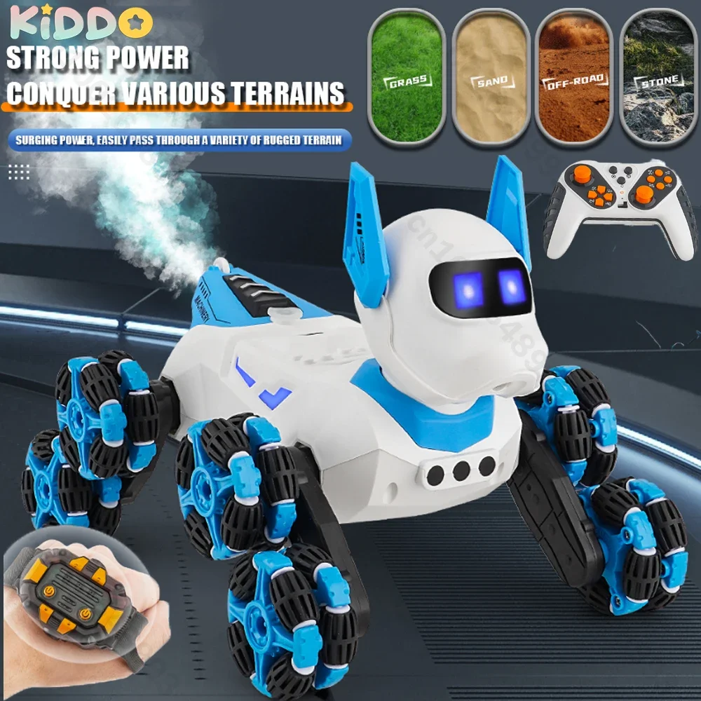 2.4G RC Robot Remote Control Robot Dog Eight wheel 360 Drift Stunt Gesture Insduction with Light Music Spray Toys for Boys Gift
