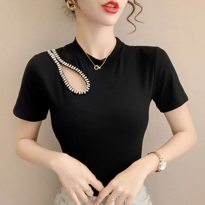Elegant O-Neck Asymmetrical Diamonds Blouse Women's Clothing 2023 Summer New Casual Pullovers All-match Office Lady Shirt