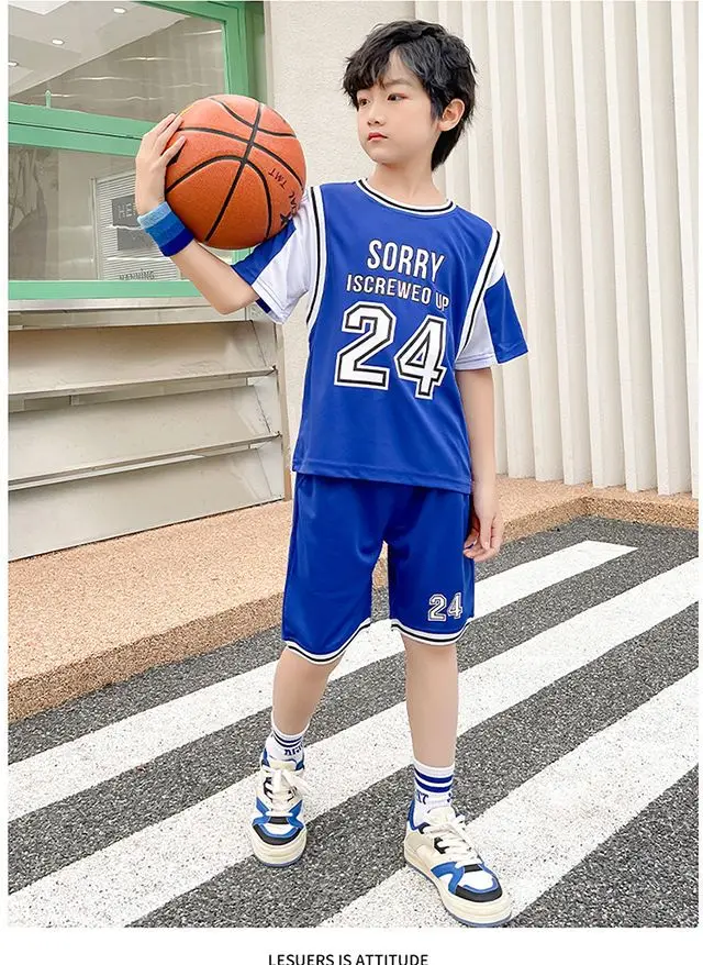 Boys Basketball Suit Sports Outfit Short Sleeves Round Neck Tops & Bottoms  Breathable For Summer Kids Clothes