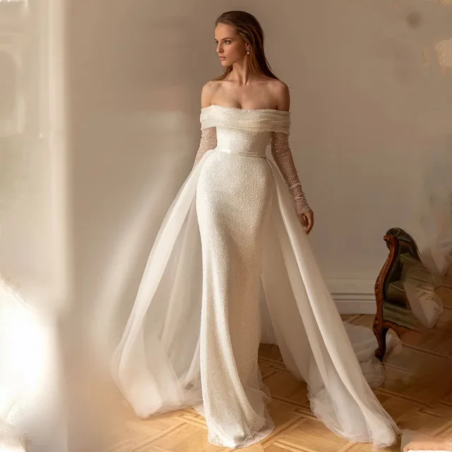 Свадебное платье с блестками и открытыми плечами, с длинными рукавами 1