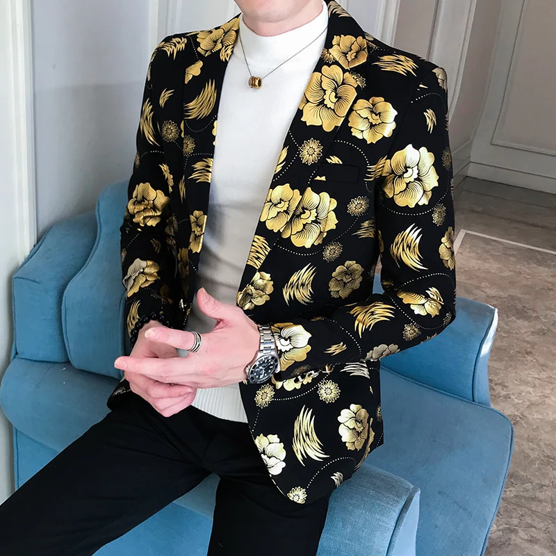 2024 Four Seasons Men Hot Stamping Floral Fashion Handsome Printed Business Casual Suit Korean Version Slim-fit Suit  Blazer 2
