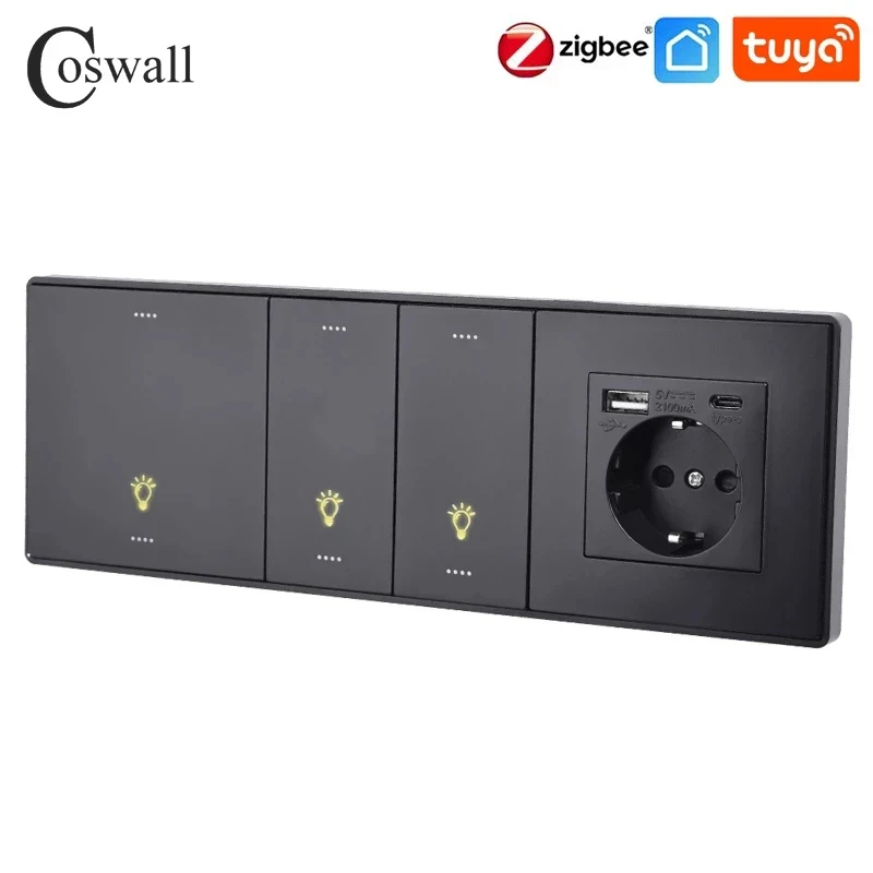 COSWALL Smart Wall Switch Socket Module Zigbee 3.0, black matt PC panel on off switch scene switch Yandex normal EU socket USB charger TV RJ45 modules DIY