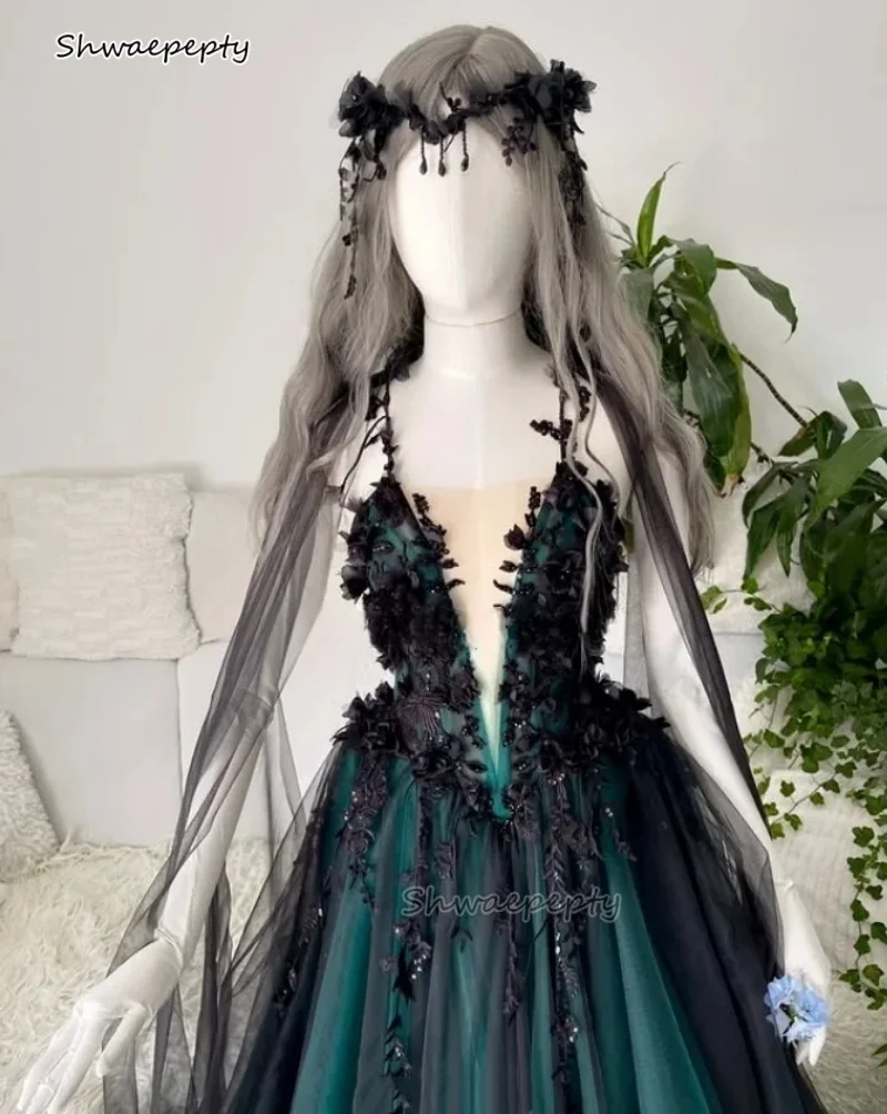 dark green and black lace dress COCOMELODY Dark Romance Endless Charm Sequined Tulle Black Wedding Dress CW3352, 45 Days / Black / US14-UK16-EUR44 main image 0