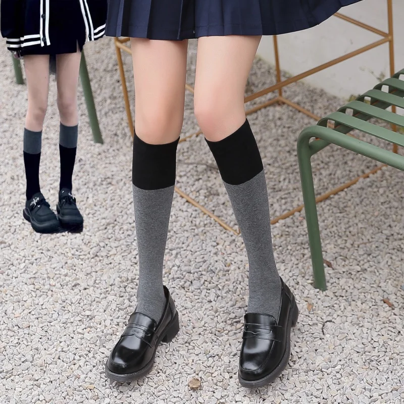 

Stitching Knee Length Japanese and Korean Long Tube Calf Solid Color Thigh High JK Socks