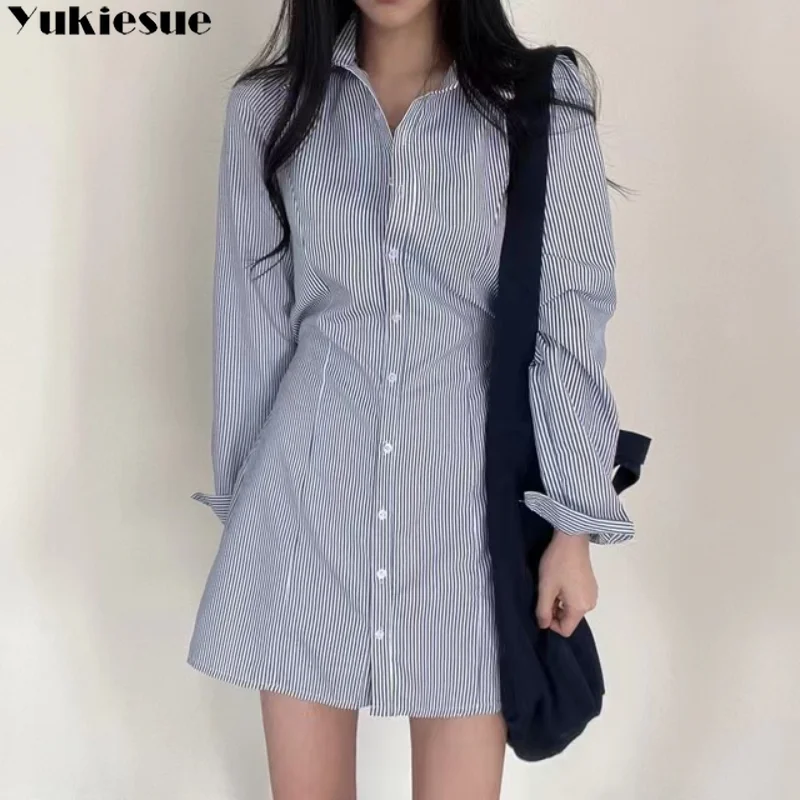 

Женское платье-рубашка в полоску, элегантное платье средней длины в Корейском стиле с воротником-поло, со шнуровкой, в стиле Харадзюку, на лето