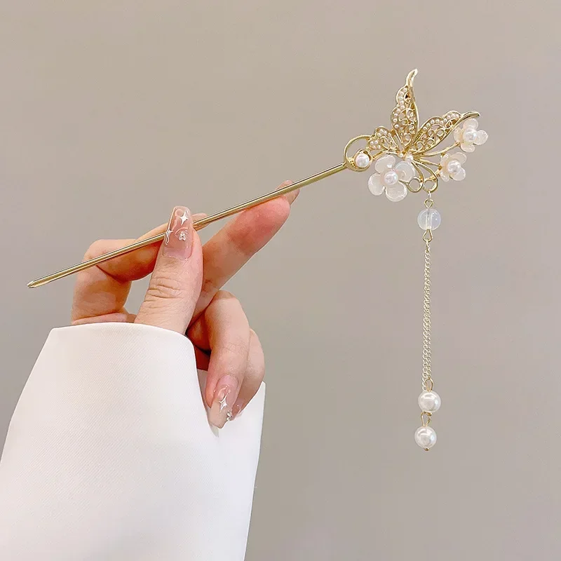 Charm metal hairpins retro antique tassel phoenix student pearl rhinestone butterfly hair stick jewelry wedding hair accessories