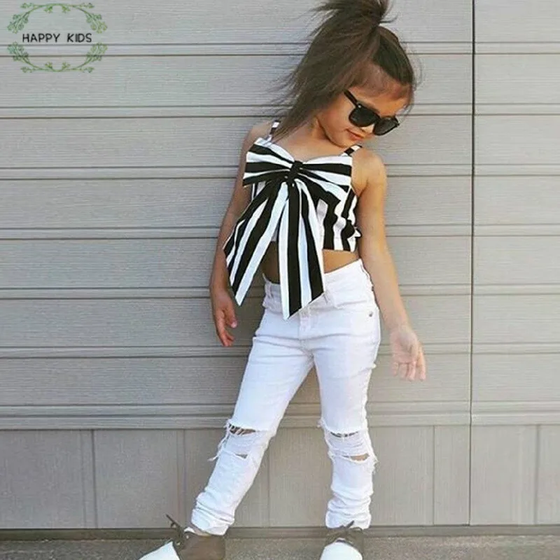 Fashion Girls Suit Tops + Pants 2 Pieces The Strapless Set Kids Bowknot Hole Pants Cute Girls Clothing Set