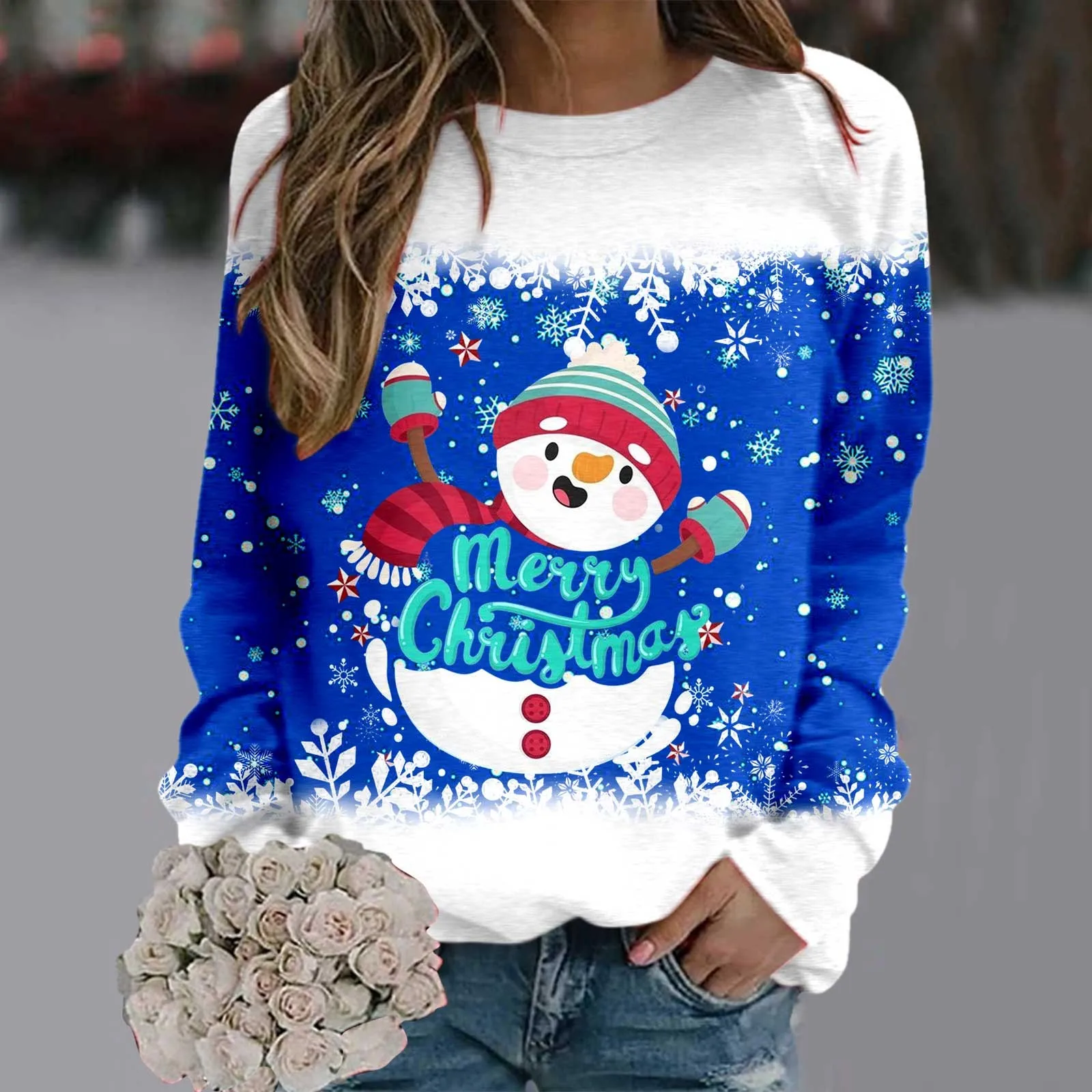

Banded Sweater Women Christmas Cute Print Casual Round Neck Long Sleeve Sweatshirt Clothes Women