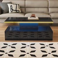 Table basse avec tiroir et LED, double plateau, compacte, pour le salon, espace de rangement discret, en aggloméré - Noir 6