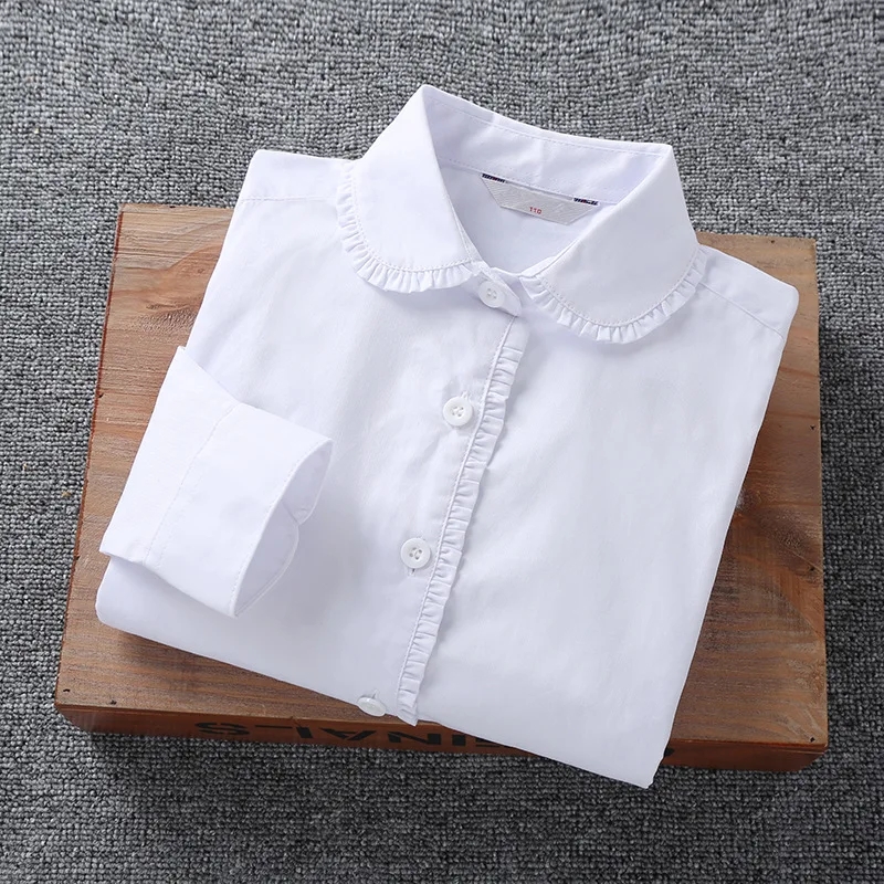 Kids Long Sleeve Shirt Cotton White School Uniforms for Teenage Boys Girl Solid Color Turn-down Basic Blouse Spring Fall Clothes