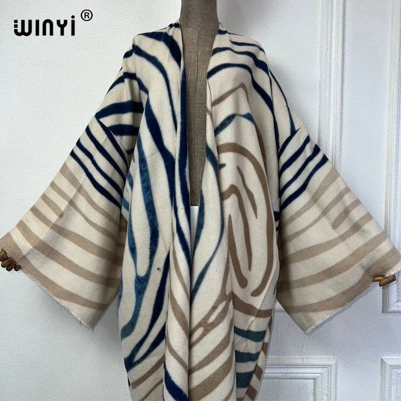 WINYI 2024 겨울 카디건 아프리카 여성, 기하학적 라인 프린트 맥시 재킷, 따뜻한 기모노 롱 다운 코트, 중동 패션 아바야
