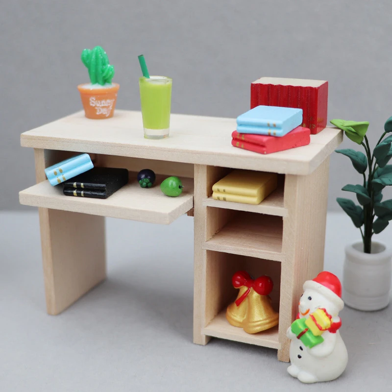 1:12 Dollhouse Miniature Computer Desk Office Desk Chair Set Wooden Furniture Model For Doll House Scene Decor Accessories 4