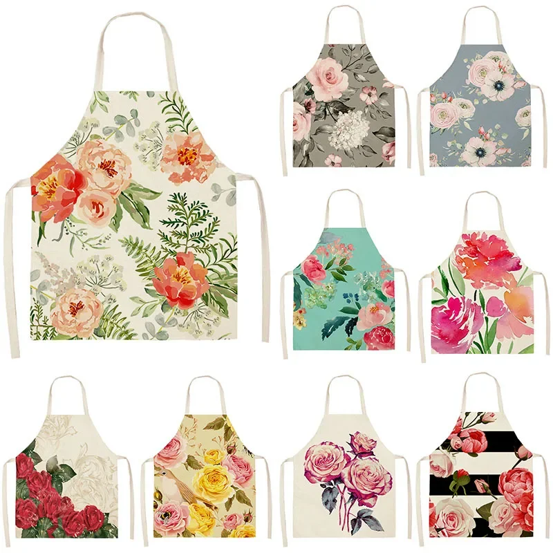 

Flower Pattern Cleaning Colorful Aprons Home Cooking Kitchen Apron Wear Cotton Linen Adult Bibs Home Decor Women Man Aprons