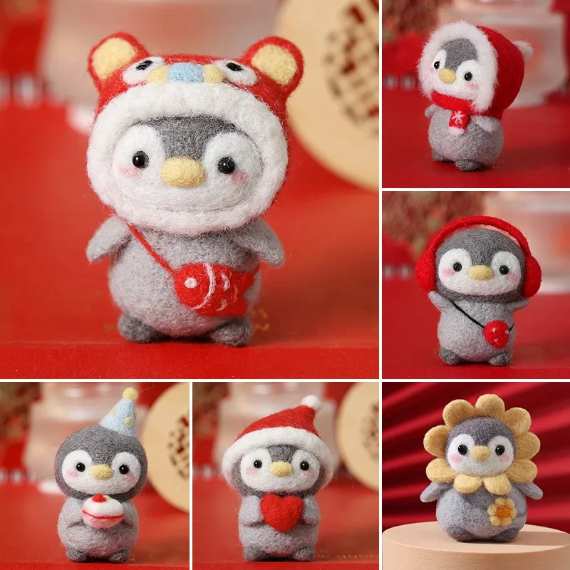 No Finish Wool Needle Felt Cute Penguin Cartoon Toy Doll Wool Felting Kit Package For Handmade Beginner Material Kit