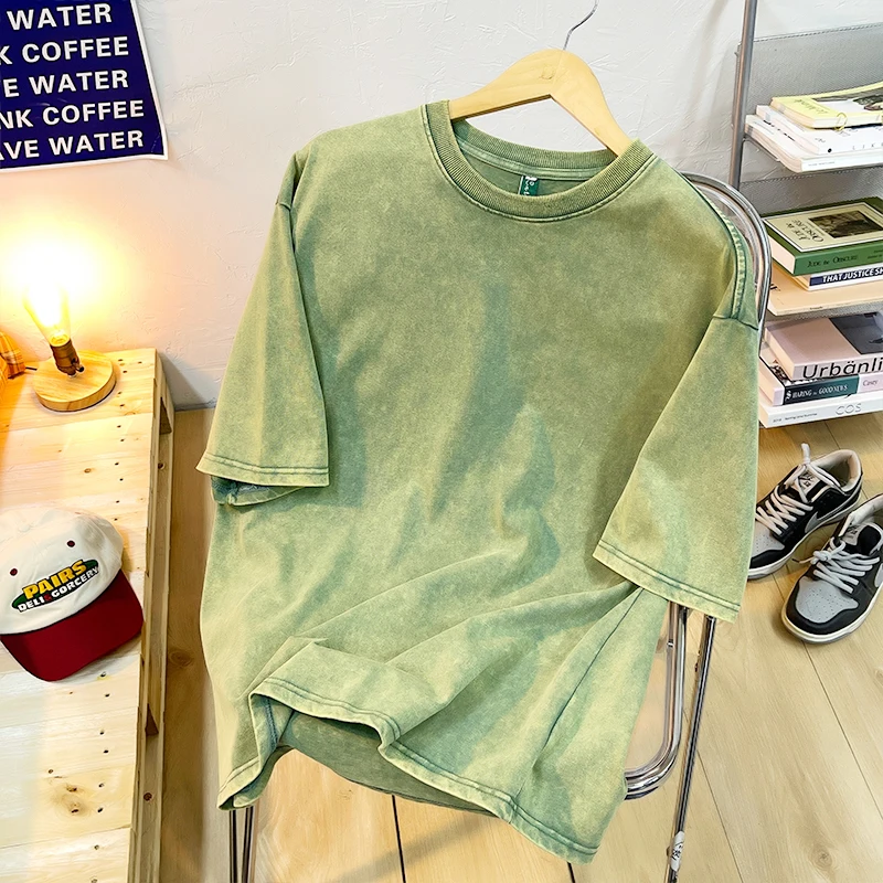 Oversize Vintage Snowflake Point Solid Color T-Shirts For Women Cotton Short Sleeve Wash With Old Water Street Hip Hop Tee Shirt