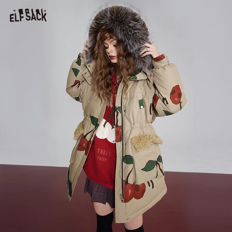 

ELFSACK Graphic Cherry Korean Fashion Down Coats Women 2023 Winter New Designer Outwears