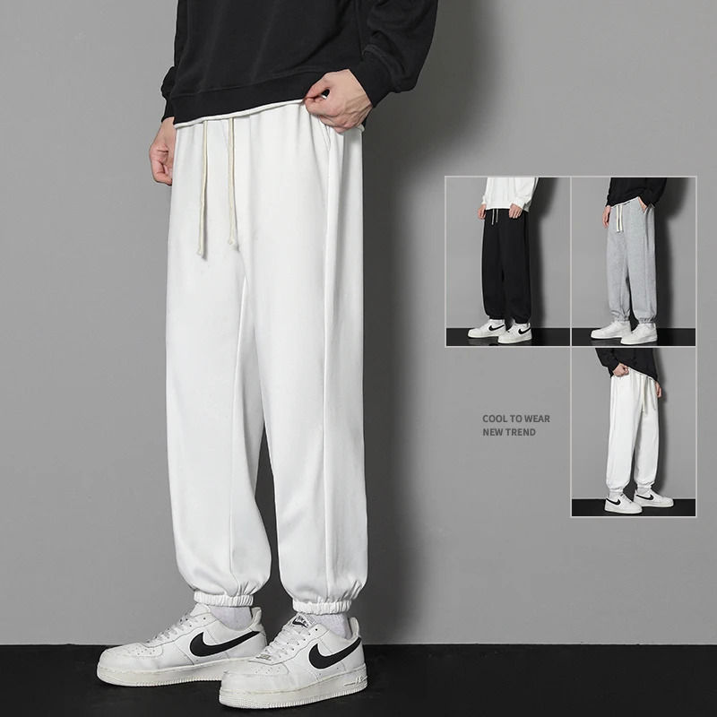 Spring Solid Color Fashion Elastic Waist Sweatpants Man High Street Casual Drawstring Pockets Thin Style Ankle Length Trousers