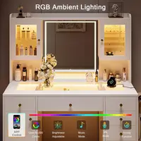 Large LED-lit Glass Top Makeup Vanity Desk with 7 Drawers, 3 Cabinets, and Charging Station, White 5