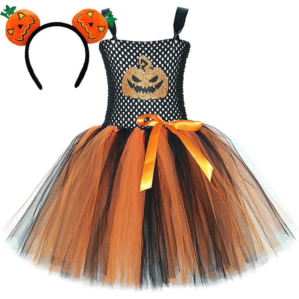 Orange Black Pumpkin Costumes for Girls Halloween Disguise Dresses for Kids Carnival Party Outfit with Hair Bow Gloves Stocking