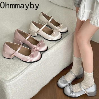 Spring New Thick Heel Women Mary Jane Shoes Square Toe Shallow Butterfly-knot Ladies Casual Leather Shoes 1