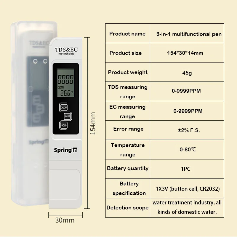 1PC 3 In 1 TDS EC Meter Temperature Tester Pen Multifunctional Digital Water Quality Tester For Water Purity TEMP PPM