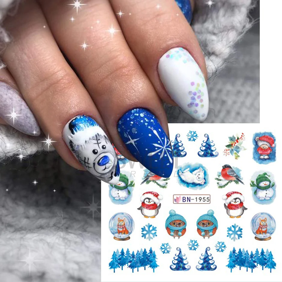 12pcs Cute Penguin Winter Nail Stickers Birds Bear Cat Animal Snowflake Sliders Water Decals Decoration 2024 Xmas Manicure Tips