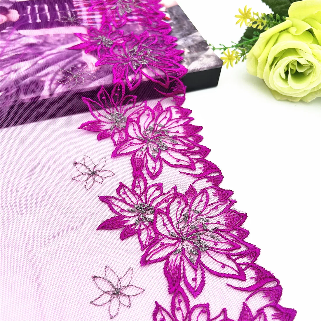 3y/lot Width 19cm Purple Violet Bit Silver Embroidery Lace Trim For Skirt Hem Clothes Sewing Material DIY Apparel Dress Fabric 2