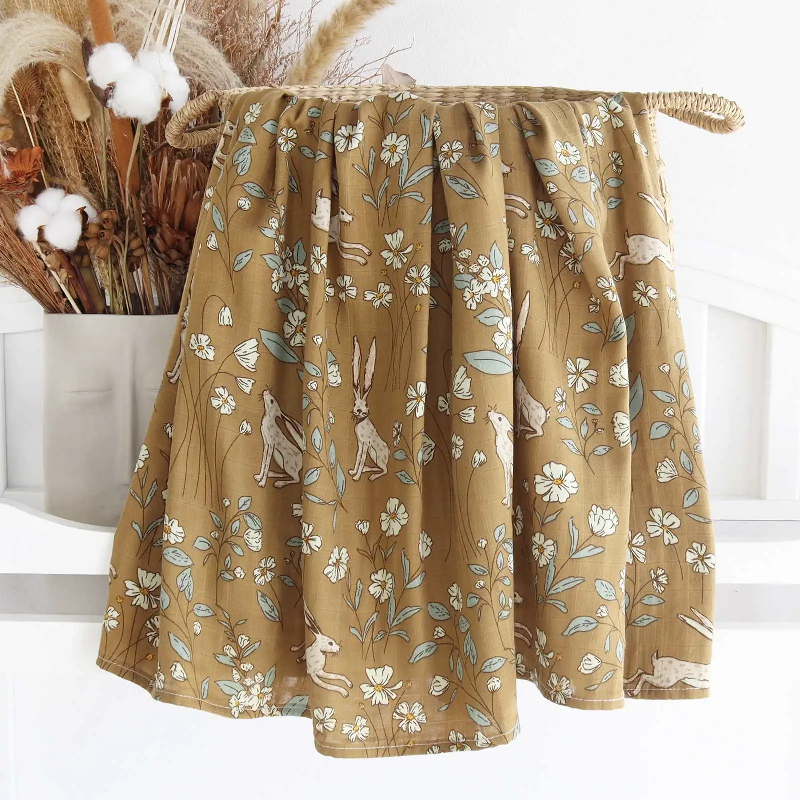 NUOLUX Muslin Swaddle Blanket - 47x47 Inch Large Baby Wrapping Blanket (Little Bee Pattern) - View #5