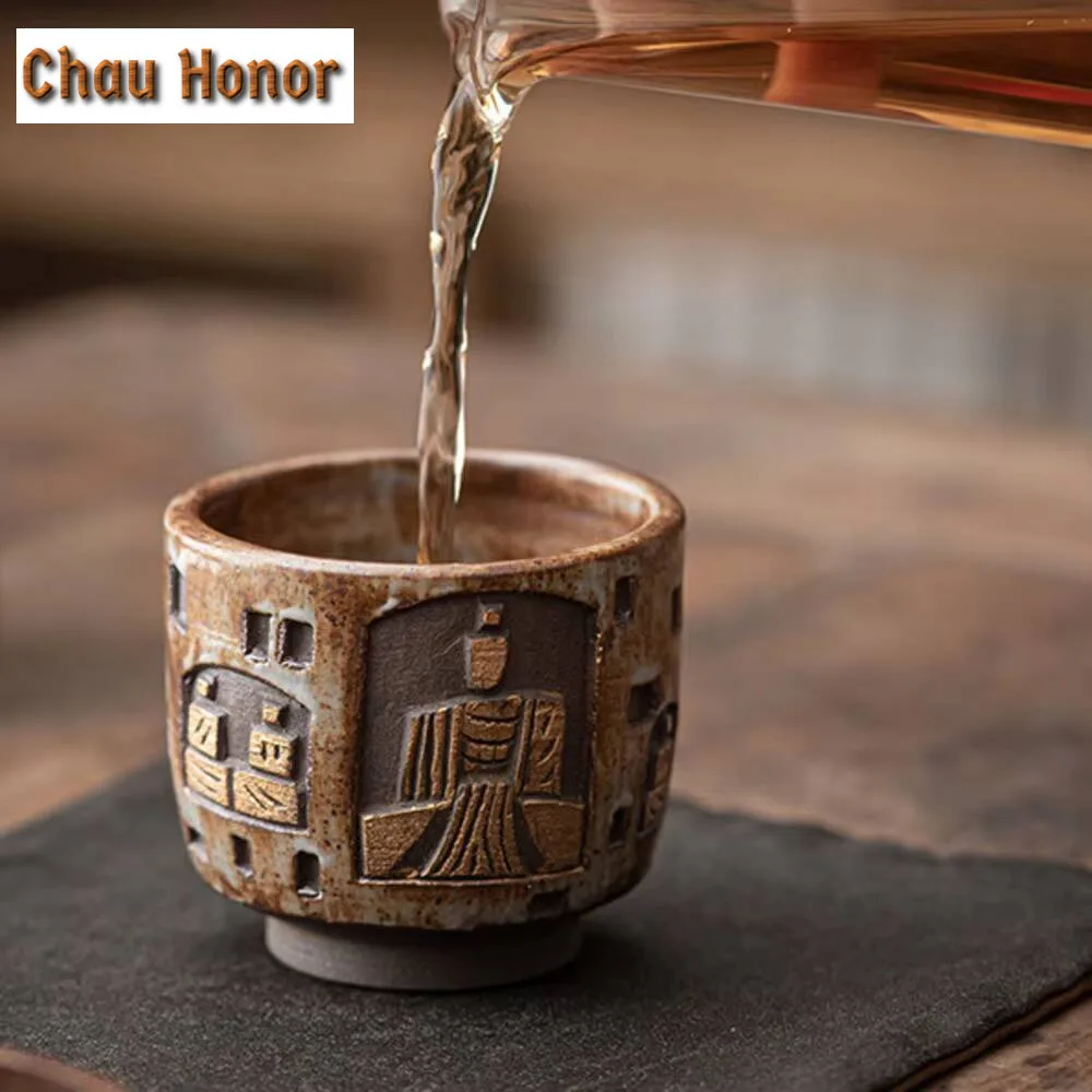 High End Wood-fired Porcelain Teacup Handmade Dunhuang Personal Master Cup Hand Carved Grotto Statue Mug Drinkware Collection