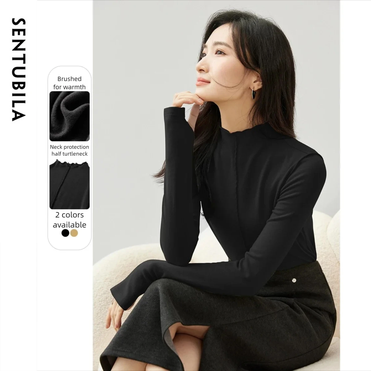 SENTUBILA Vintage Long Sleeve T-Shirts Women's 2025 Autumn Casual Mock Neck Tops Women's Clothing Solid Undershirt 144S57455