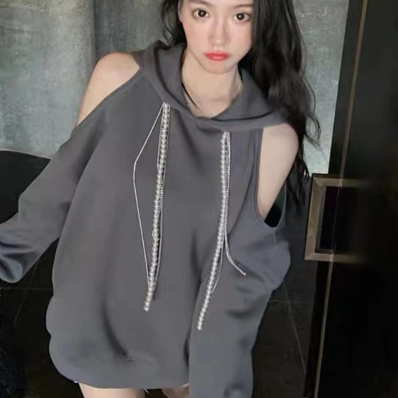 

Plain Grey Female Clothes Off White Long Sweatshirts for Women Dropshiping Y2k Vintage Sleeve New in E Autumn and Winter M Tops