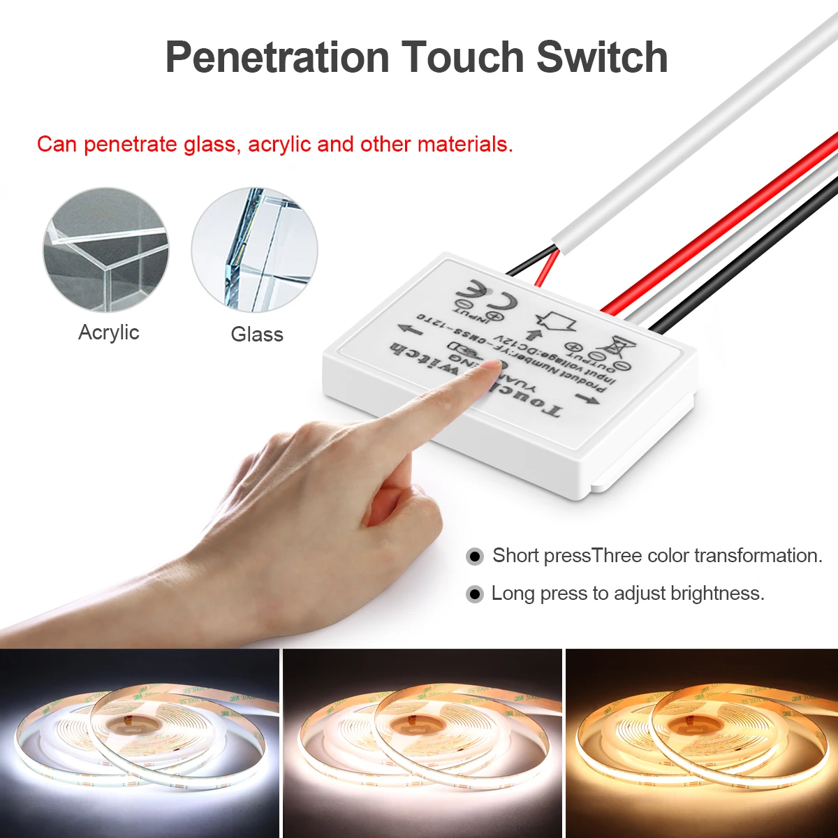 조광 미러 터치 센서 스위치, CCT COB LED 스트립 라이트, 테이블 미러 백라이트 테이프 램프에 변경 가능, 24V, 2700K 6500K
