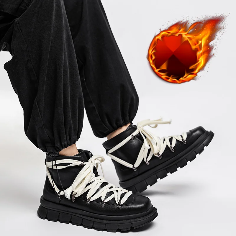 Instagram Martin High British Style Vera pelle Suola spessa Parte superiore nera Cinturino rialzato Autunno Piccolo supporto da uomo_voghion.com