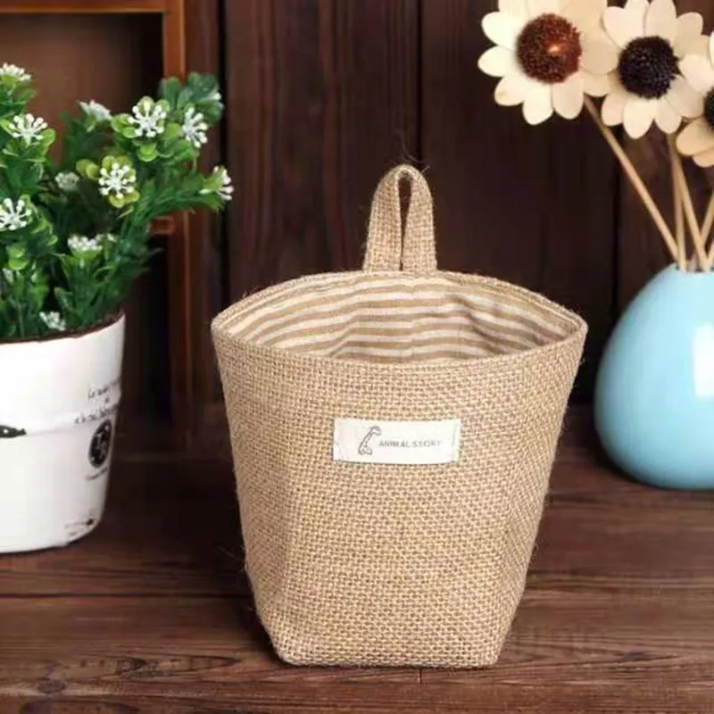 Hanging Storage Bag Fabric Jute Desktop Storage Bucket Home Office Organizer Flower Pot Small Sack Bathroom Kitchen Basket 5