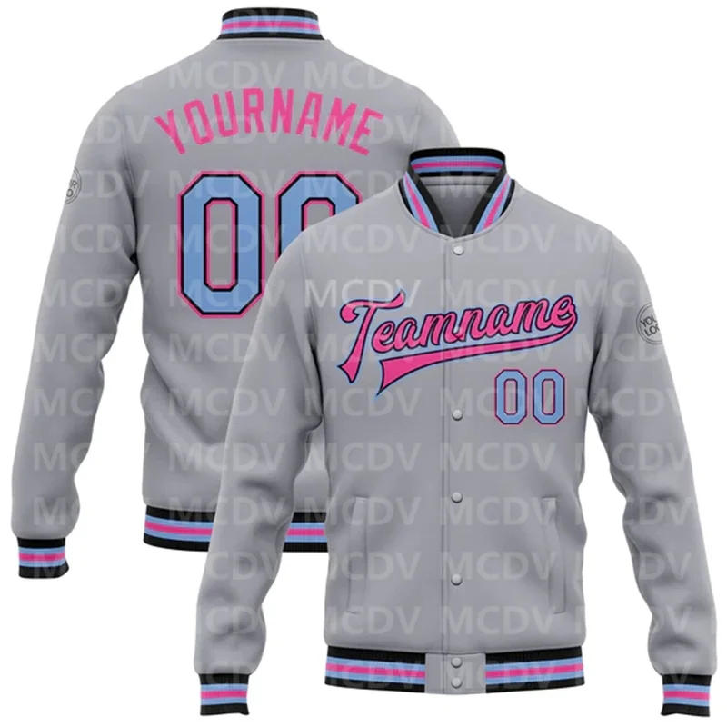 Custom Gray Light Blue Black-Pink Bomber Full-Snap Varsity Letterman Jacket  Baseball Button Jacket light blue summer sun hat dinosaur printing baseball baby cartoon peaked for kid child suitable for 1 6 years old 48 52cm