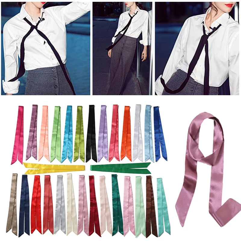 

Women Handle Bag Belt Hair Head Multifunction Decration Tie Bandana Narrow Long Neckerchief Solid Color Satin Silk Ribbon Scarf